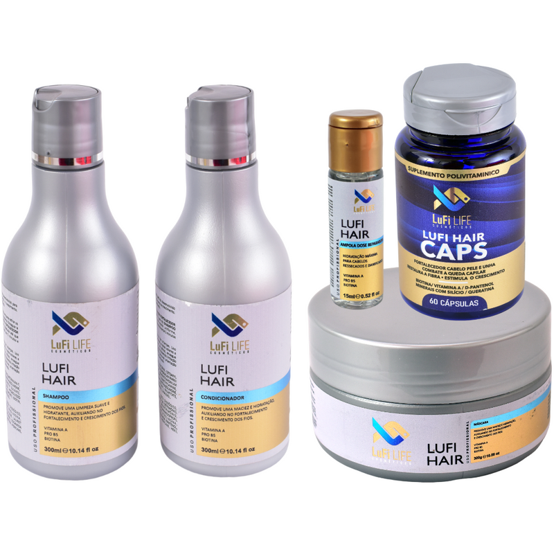 Kit Crescimento Capilar e Beleza Radiante LuFi Hair (Shampoo, Máscara, Condicionador, Ampola e Suplemento Polivitamínico) - LuFi Hair